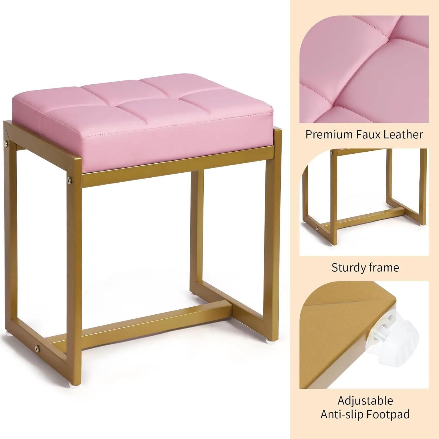 Vanity Stool, Pink Small Vanity Stools Chair, Square Cushion Makeup Chairs for Vanity, Metal Foot Stool Ottoman Seat for Bedroom Makeup Living Room, Pink & Gold