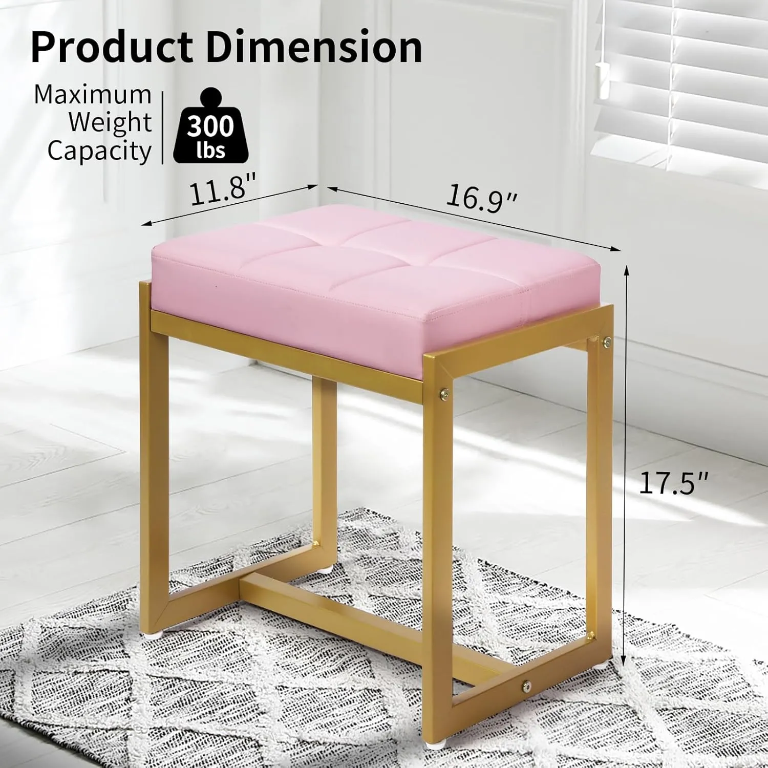 Vanity Stool, Pink Small Vanity Stools Chair, Square Cushion Makeup Chairs for Vanity, Metal Foot Stool Ottoman Seat for Bedroom Makeup Living Room, Pink & Gold