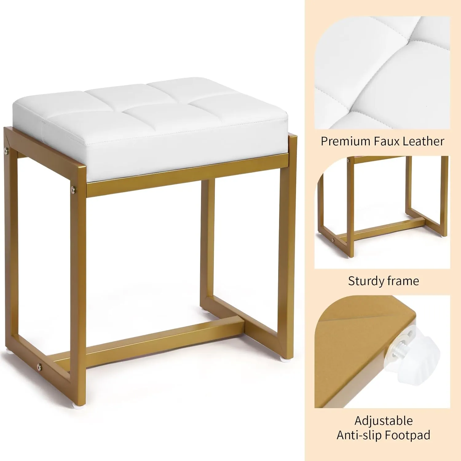 Vanity Stool, Vanity Chair Stools for Makeup Room, Faux Leather Small Makeup Bench, Modern Gold Metal Legs Ottoman Foot Rest for Bedroom Living Room, White & Gold