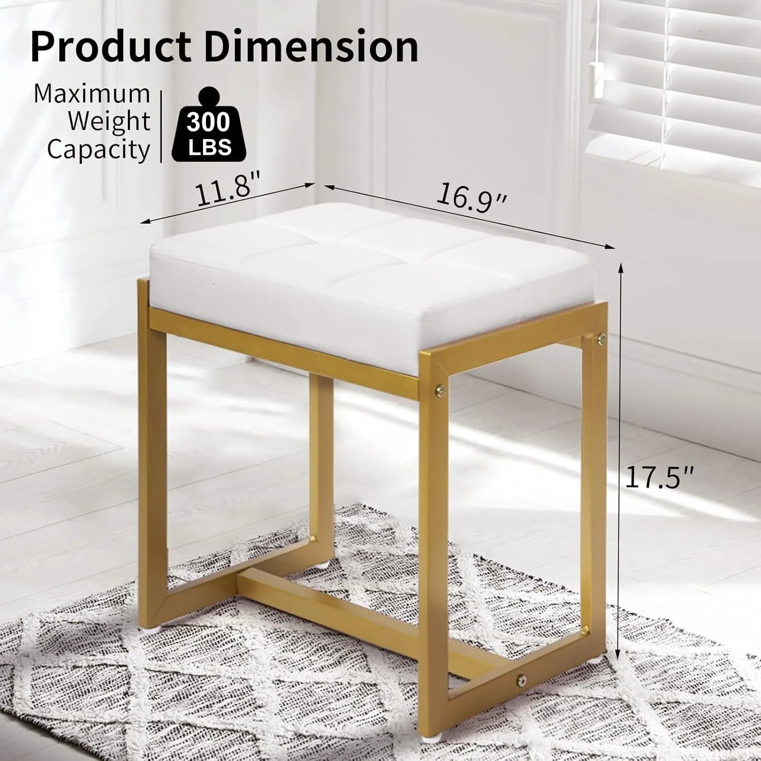 Vanity Stool, Vanity Chair Stools for Makeup Room, Faux Leather Small Makeup Bench, Modern Gold Metal Legs Ottoman Foot Rest for Bedroom Living Room, White & Gold