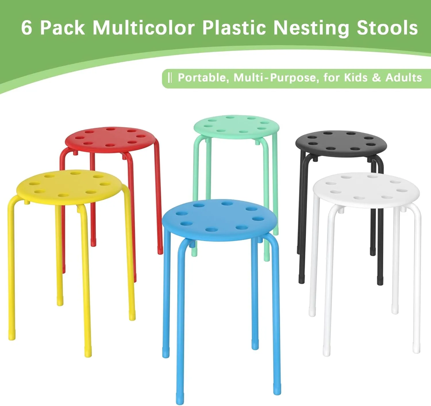 VECELO 6 Piece Stacking Stools Flexible Seating, 17.7 Inch Standard Height, Portable Stackable Nesting Stools for School Classroom Office, No Assembly, Colorful