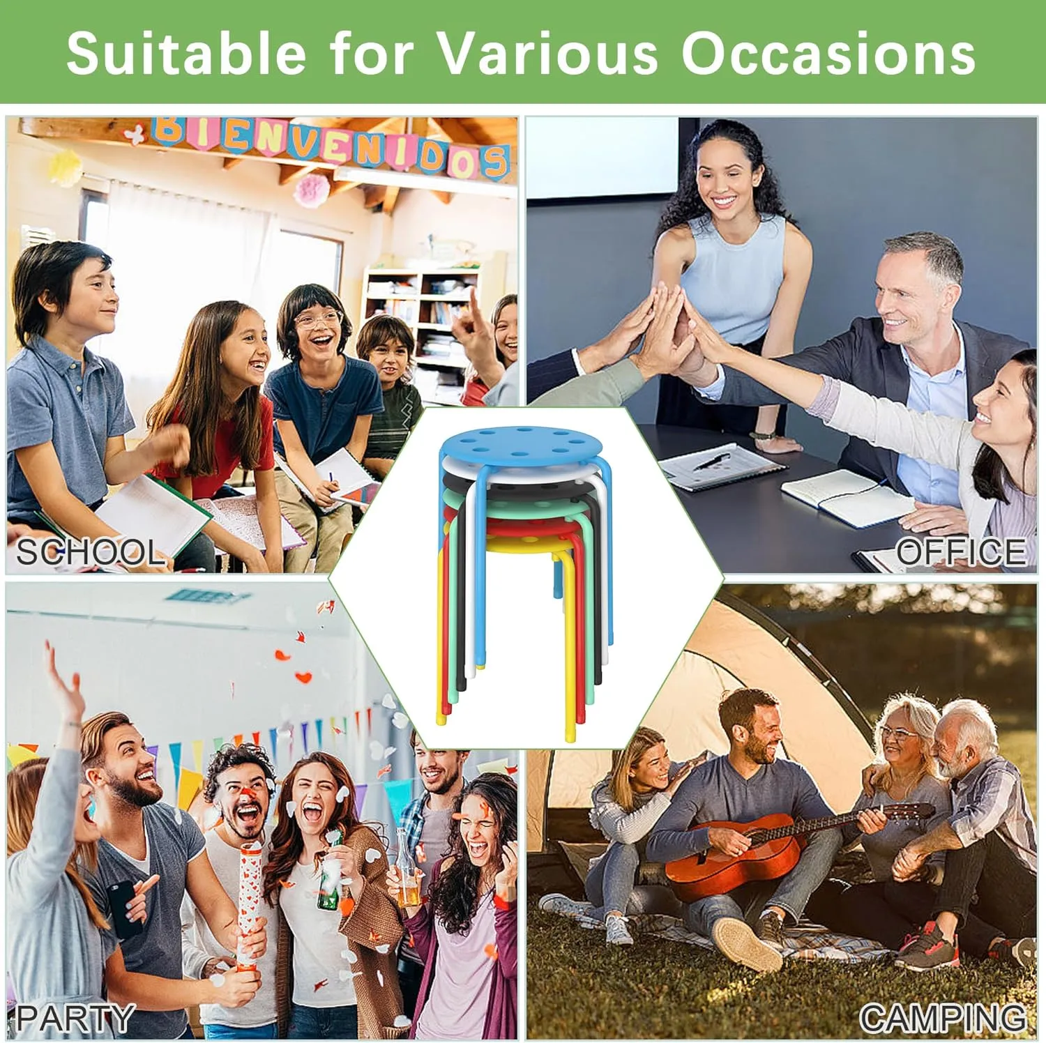 VECELO 6 Piece Stacking Stools Flexible Seating, 17.7 Inch Standard Height, Portable Stackable Nesting Stools for School Classroom Office, No Assembly, Colorful