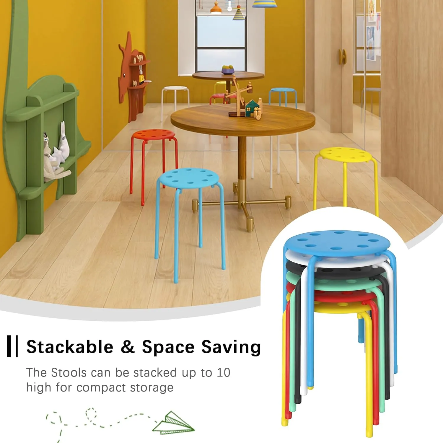 VECELO 6 Piece Stacking Stools Flexible Seating, 17.7 Inch Standard Height, Portable Stackable Nesting Stools for School Classroom Office, No Assembly, Colorful