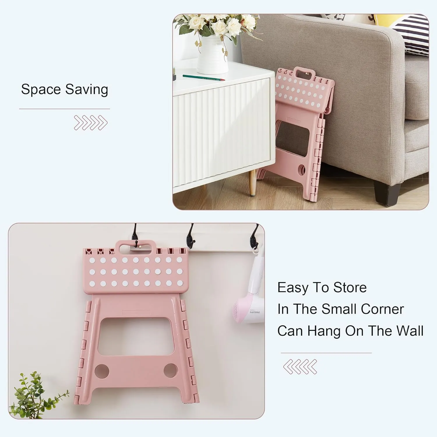 VECELO Folding Step Stool 13 Inch, Non-Slip Surface Portabl Foldable 1 Step Stool with Carry Handle, Heavy Duty to Support Kids/Toddler/Adults for Living Room Kitchen, Bathroom, Pink