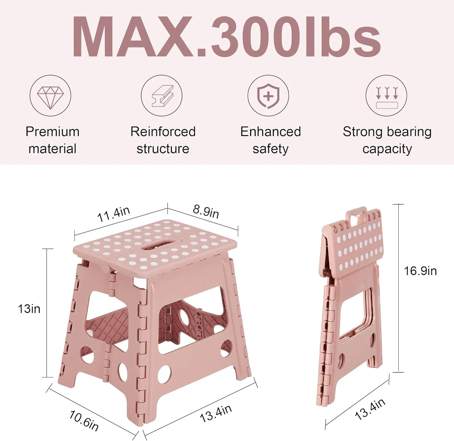 VECELO Folding Step Stool 13 Inch, Non-Slip Surface Portabl Foldable 1 Step Stool with Carry Handle, Heavy Duty to Support Kids/Toddler/Adults for Living Room Kitchen, Bathroom, Pink