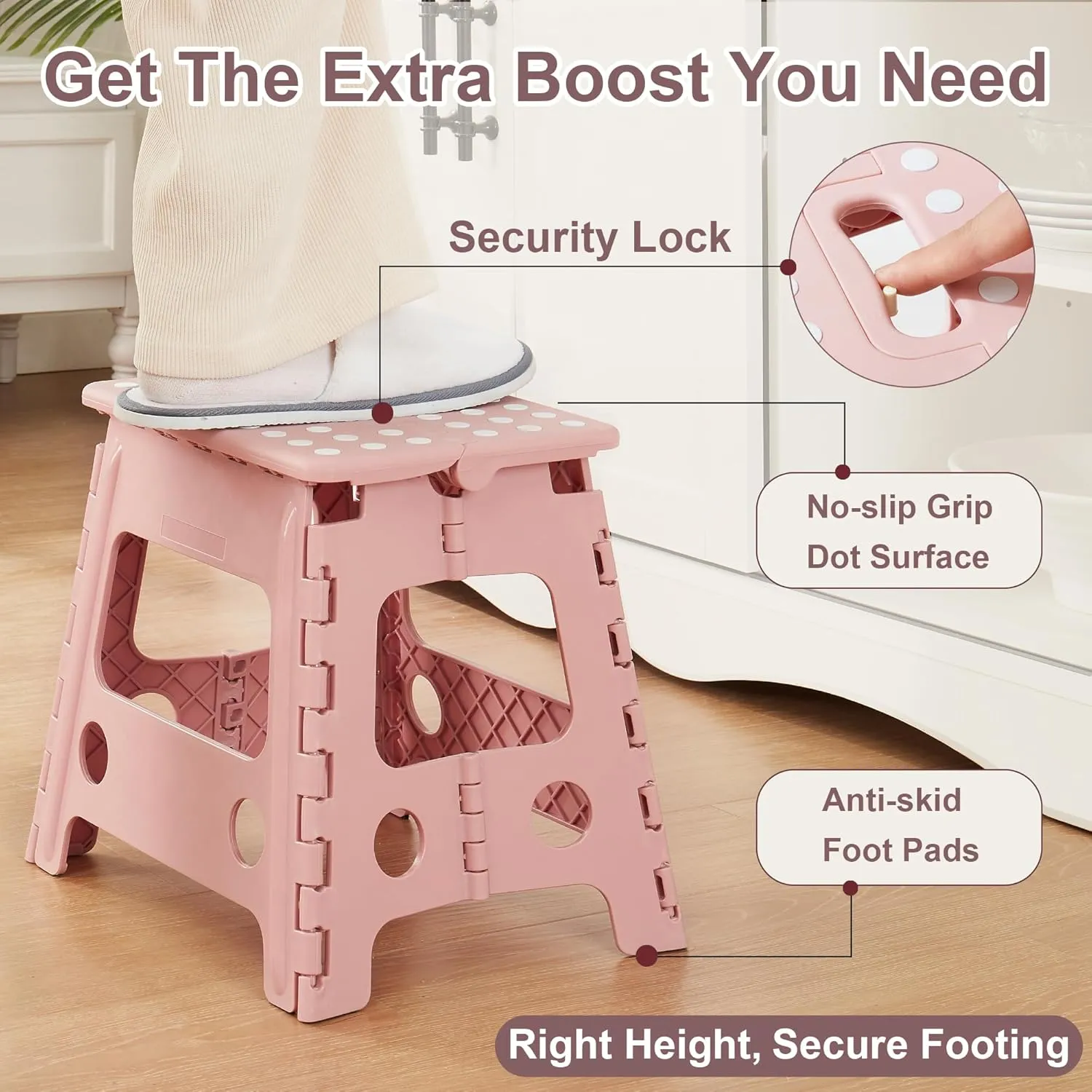 VECELO Folding Step Stool 13 Inch, Non-Slip Surface Portabl Foldable 1 Step Stool with Carry Handle, Heavy Duty to Support Kids/Toddler/Adults for Living Room Kitchen, Bathroom, Pink