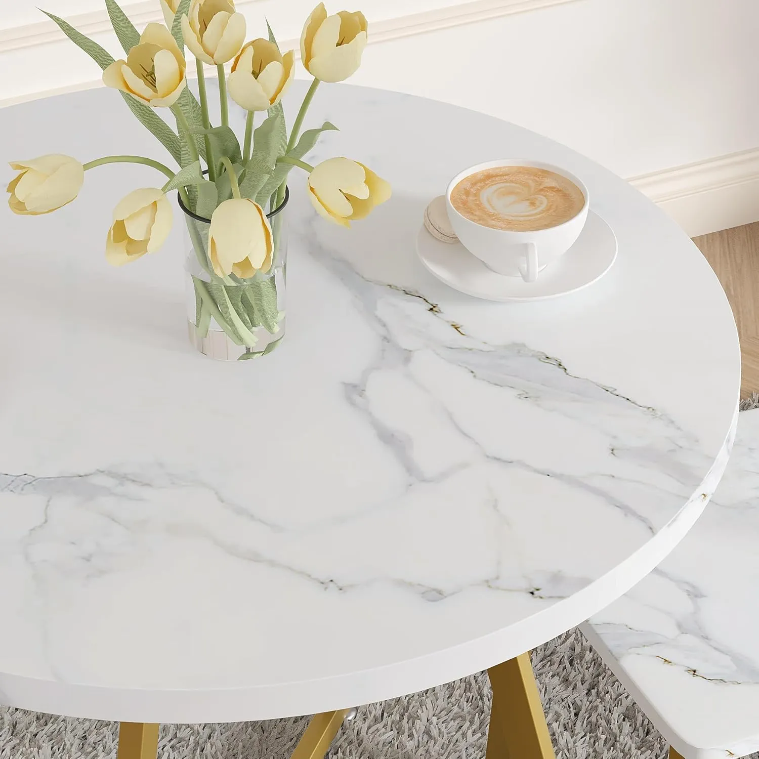 VECELO Small Round Dining Table Set for 2, Wood Tabletop with Strong Metal Frame, Modern Dinette with Chairs for Kitchen, Breakfast Nook Living Room, White & Gold