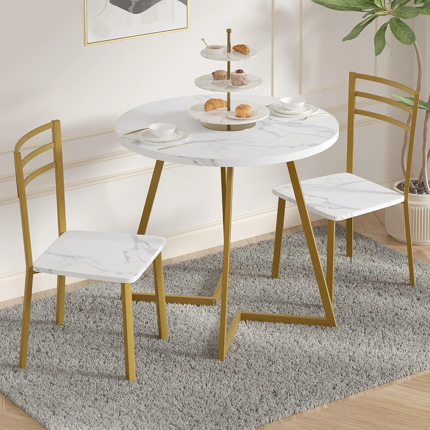 VECELO Small Round Dining Table Set for 2, Wood Tabletop with Strong Metal Frame, Modern Dinette with Chairs for Kitchen, Breakfast Nook Living Room, White & Gold