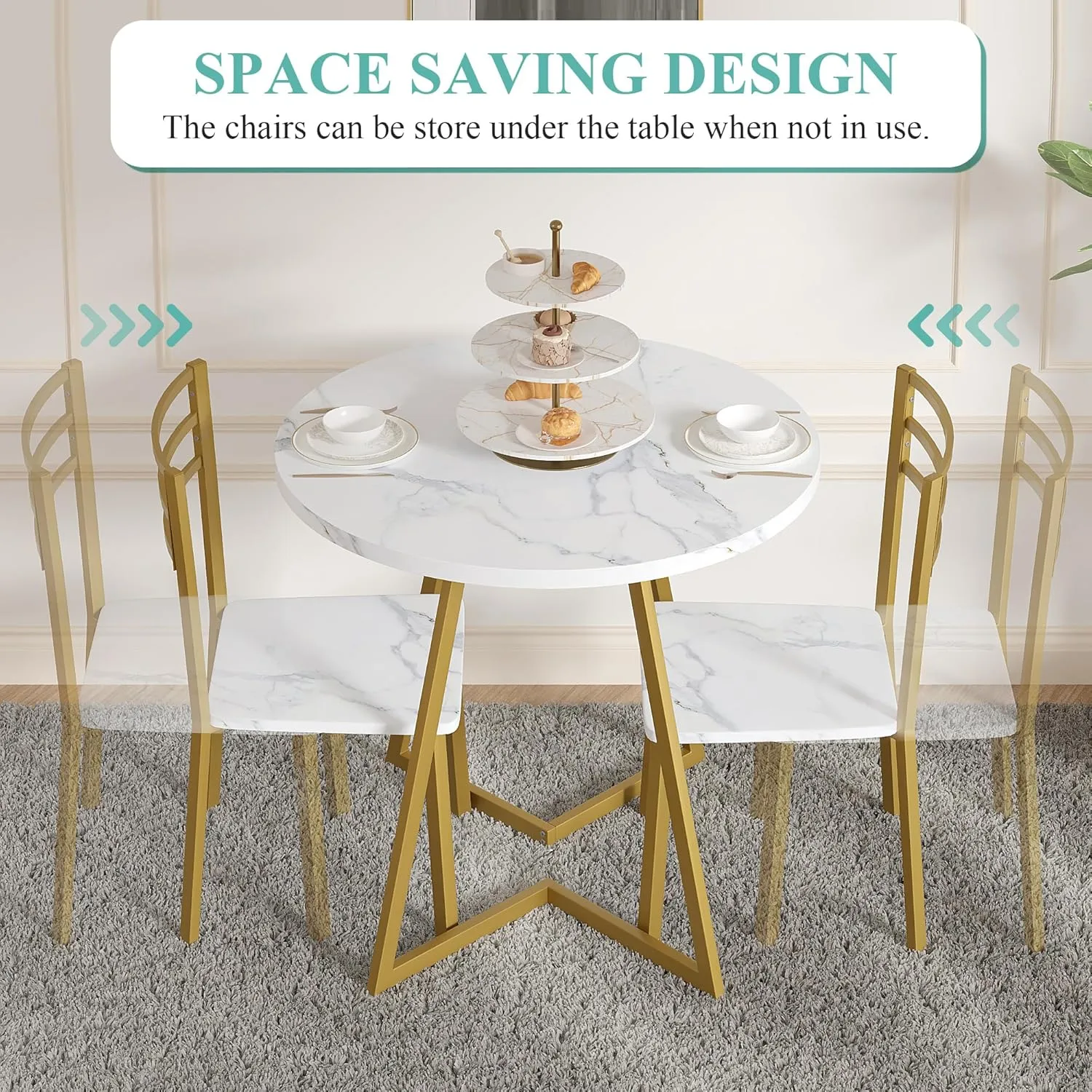 VECELO Small Round Dining Table Set for 2, Wood Tabletop with Strong Metal Frame, Modern Dinette with Chairs for Kitchen, Breakfast Nook Living Room, White & Gold