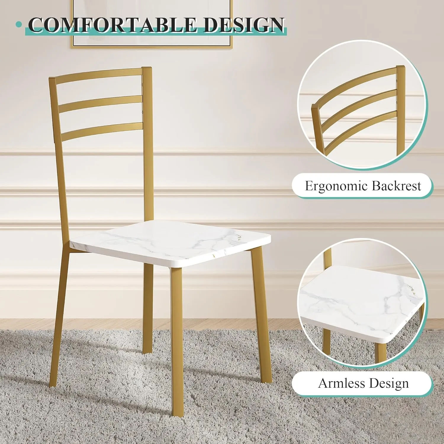 VECELO Small Round Dining Table Set for 2, Wood Tabletop with Strong Metal Frame, Modern Dinette with Chairs for Kitchen, Breakfast Nook Living Room, White & Gold