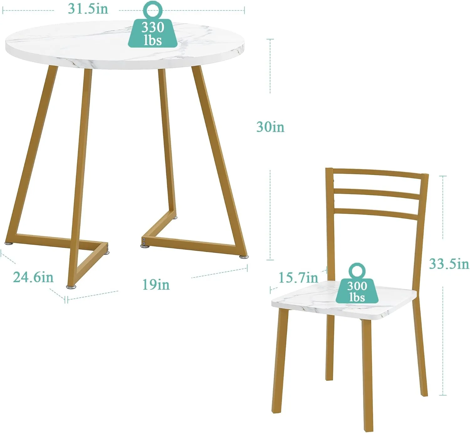 VECELO Small Round Dining Table Set for 2, Wood Tabletop with Strong Metal Frame, Modern Dinette with Chairs for Kitchen, Breakfast Nook Living Room, White & Gold