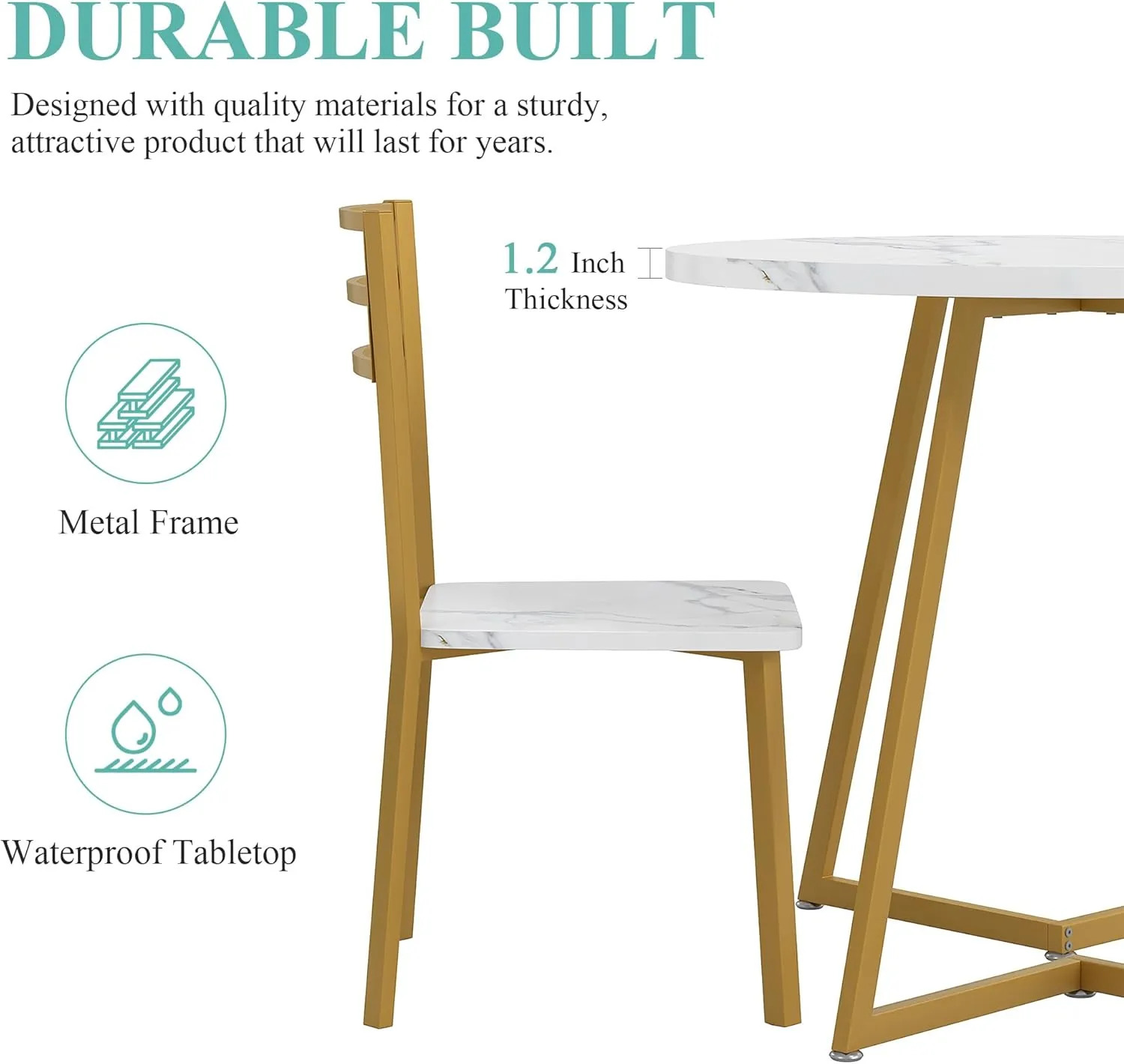 VECELO Small Round Dining Table Set for 2, Wood Tabletop with Strong Metal Frame, Modern Dinette with Chairs for Kitchen, Breakfast Nook Living Room, White & Gold