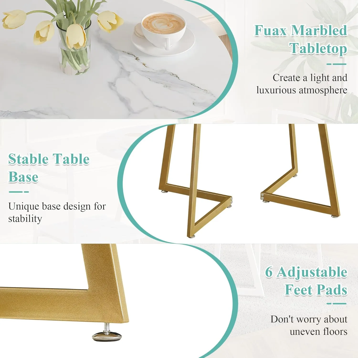 VECELO Small Round Dining Table Set for 2, Wood Tabletop with Strong Metal Frame, Modern Dinette with Chairs for Kitchen, Breakfast Nook Living Room, White & Gold