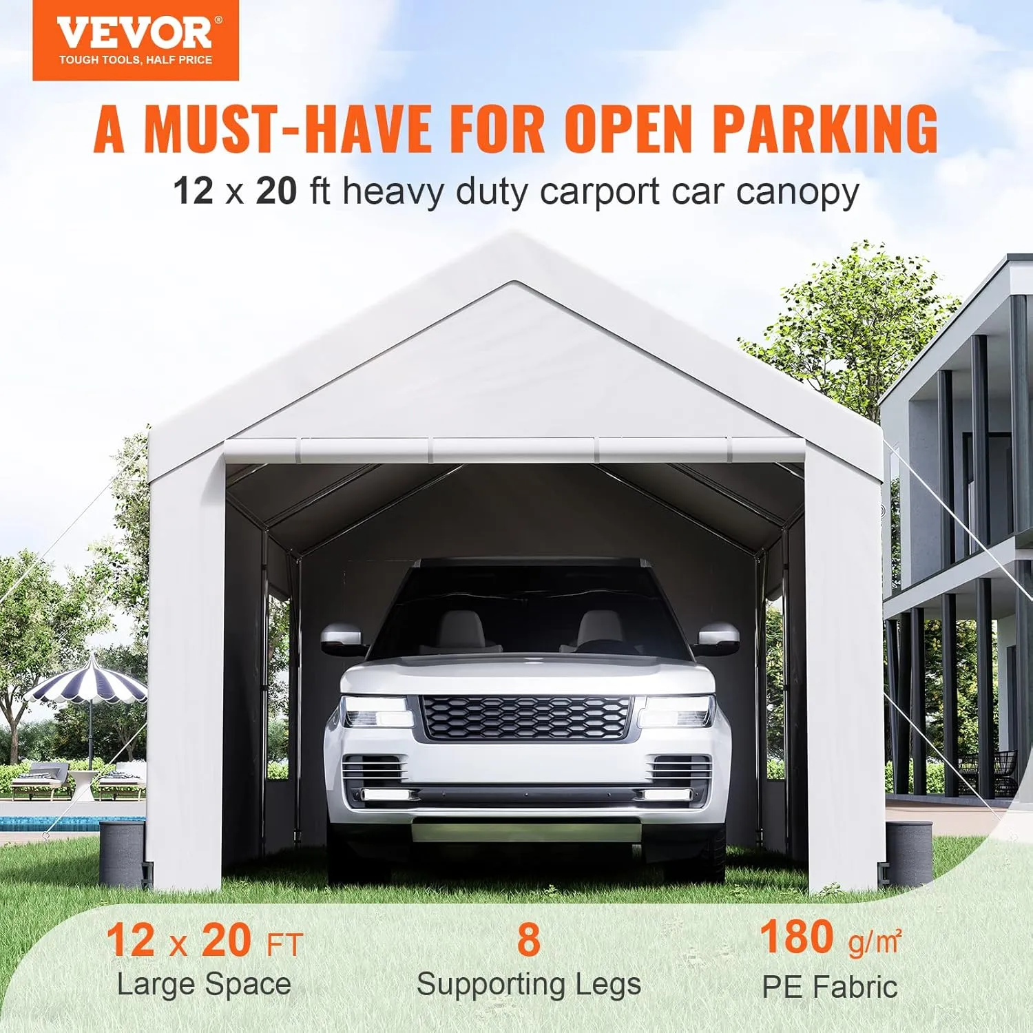 VEVOR Carport, 12'x20' Extra Large Heavy Duty Carport, Upgraded Portable Garage Car Canopy with Roll-up Ventilated Windows, Removable Sidewalls, Waterproof UV Resistant All-Season Tarp for Parking