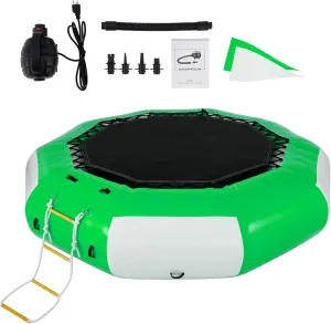 VEVOR Inflatable Water Trampoline, 13ft Recreational Water Bouncer with Escalator, Round Inflatable Water Trampoline in Green and White, Floating Trampoline for Lakes, Pools, Calm Sea