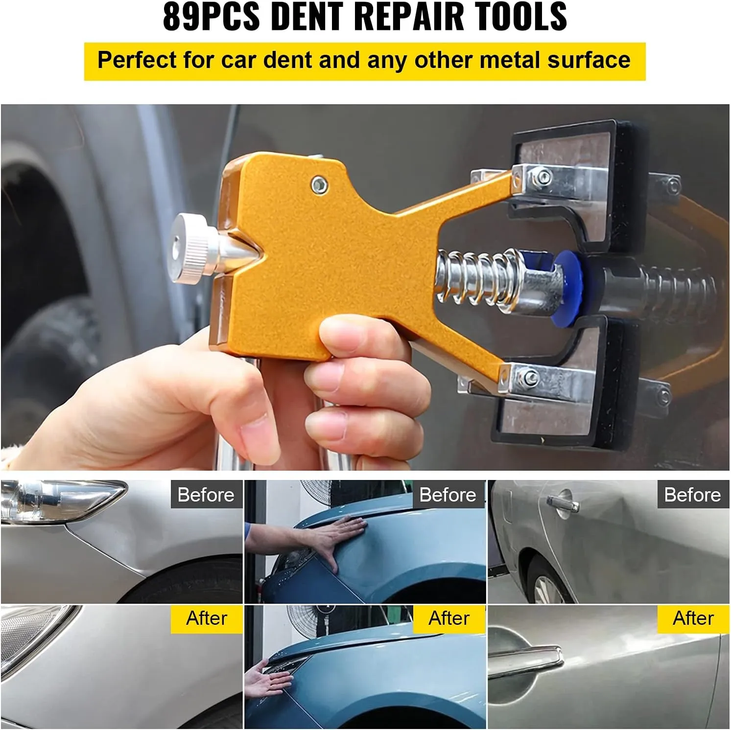 VEVOR Paintless Dent Removal Rods, 89 PCS Paintless Dent Repair Tools, Golden Lifter Puller Car Dent Repair Kit, Glue Puller Tabs Dent Puller Kit for Auto Dent Removal, Minor Dents, Door Dings
