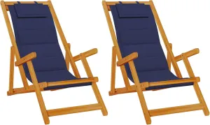 vidaXL Adjustable Blue Outdoor Folding Chair Set with Cushions | Solid Acacia Wood Frame Multi Position Backrest Comfortable Portable Beach for Camping and Garden Chairs Lounge Reclining Furniture