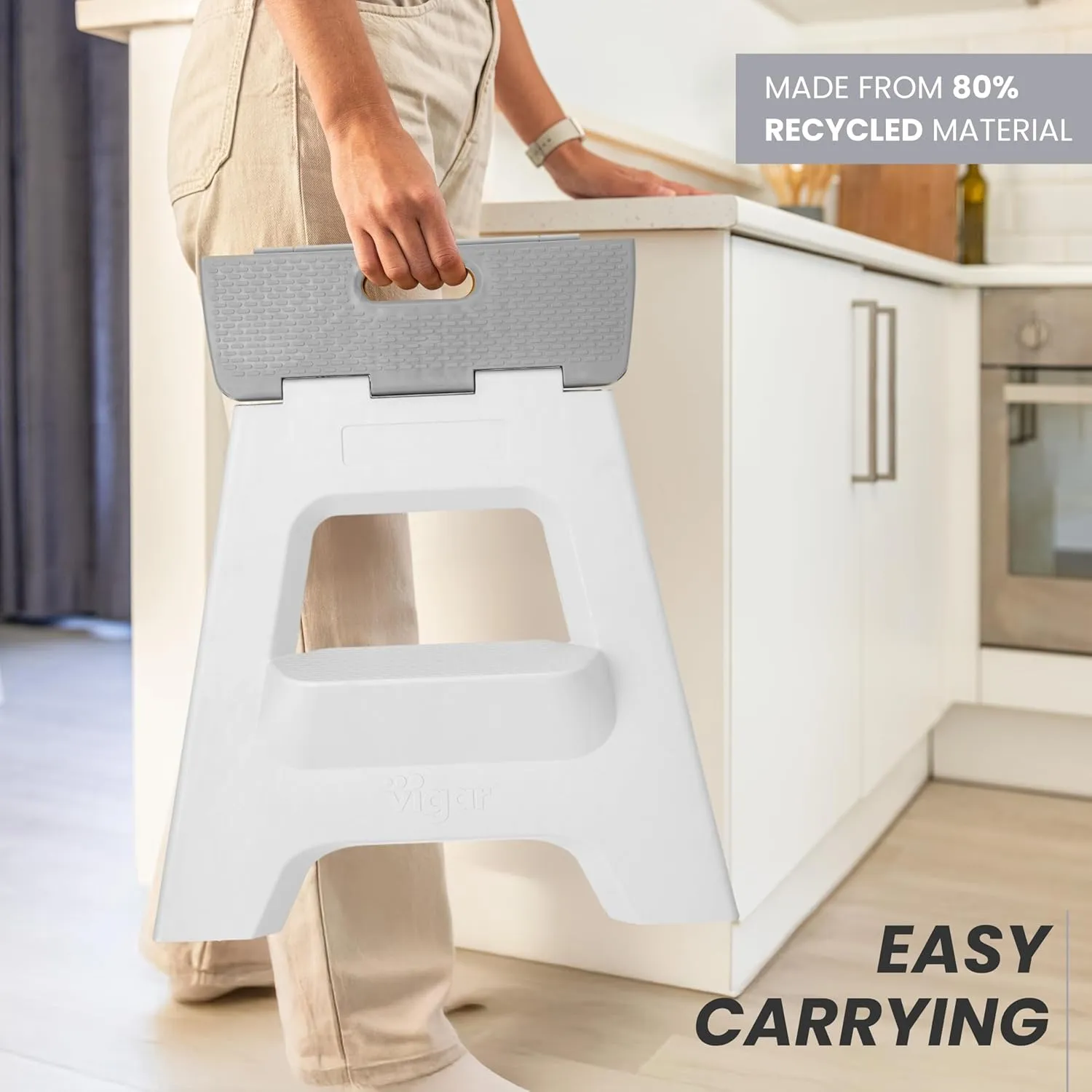 Vigar Compact Step Stool Foldable, 16-inch Two-Step Stools for Adults up to 330 Pound, Lightweight Stool, Non-Slip Folding Step Stool, Gray
