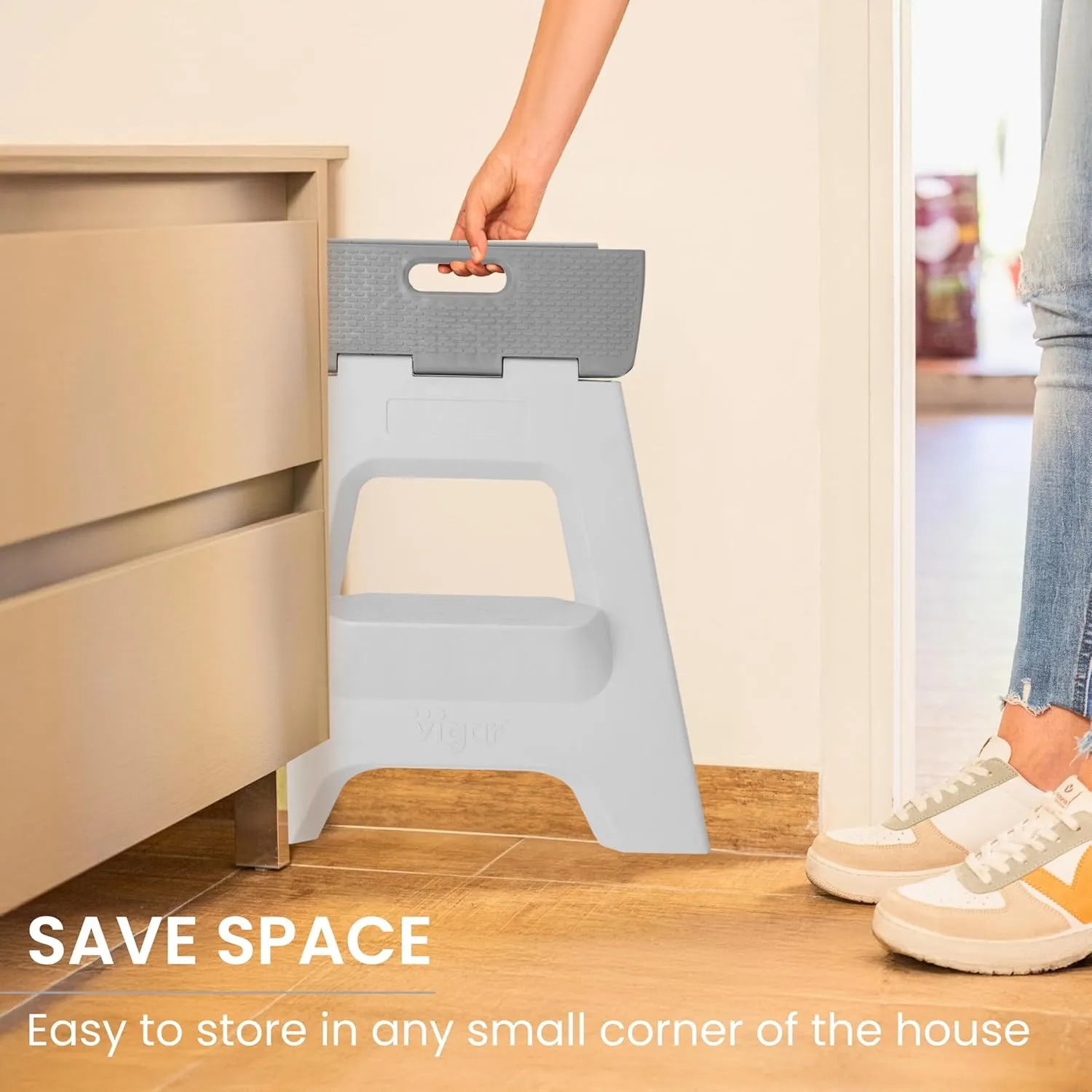 Vigar Compact Step Stool Foldable, 16-inch Two-Step Stools for Adults up to 330 Pound, Lightweight Stool, Non-Slip Folding Step Stool, Gray