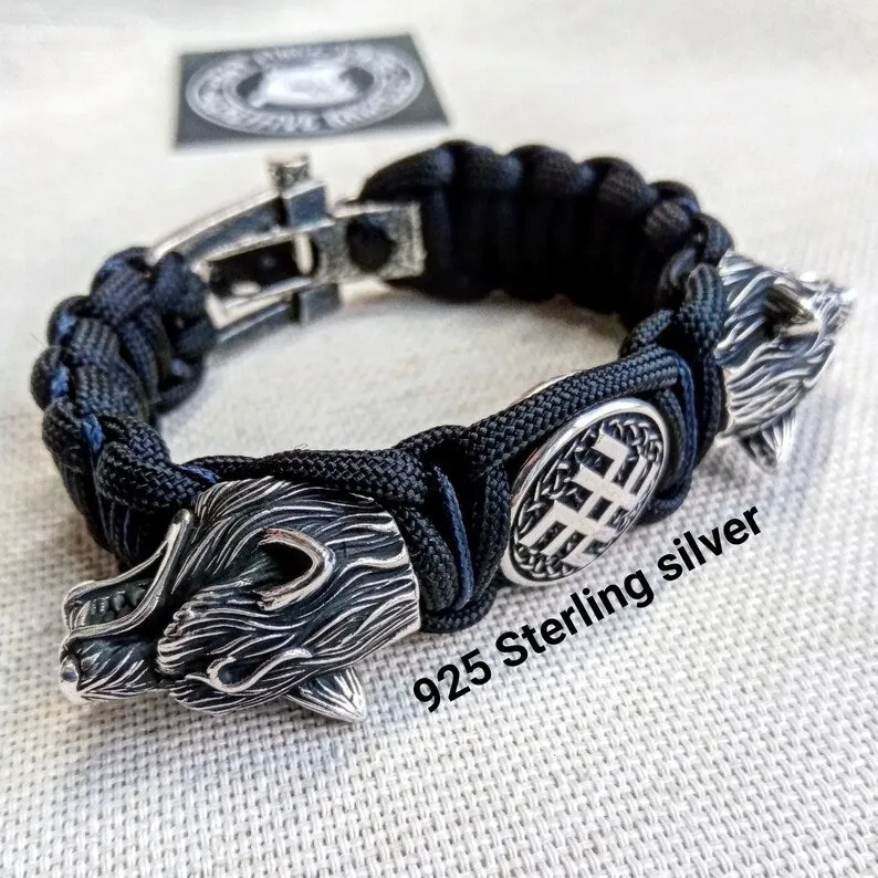 Viking jewelry. 925 Sterling silver and paracord bracelet. Mens luxury style.