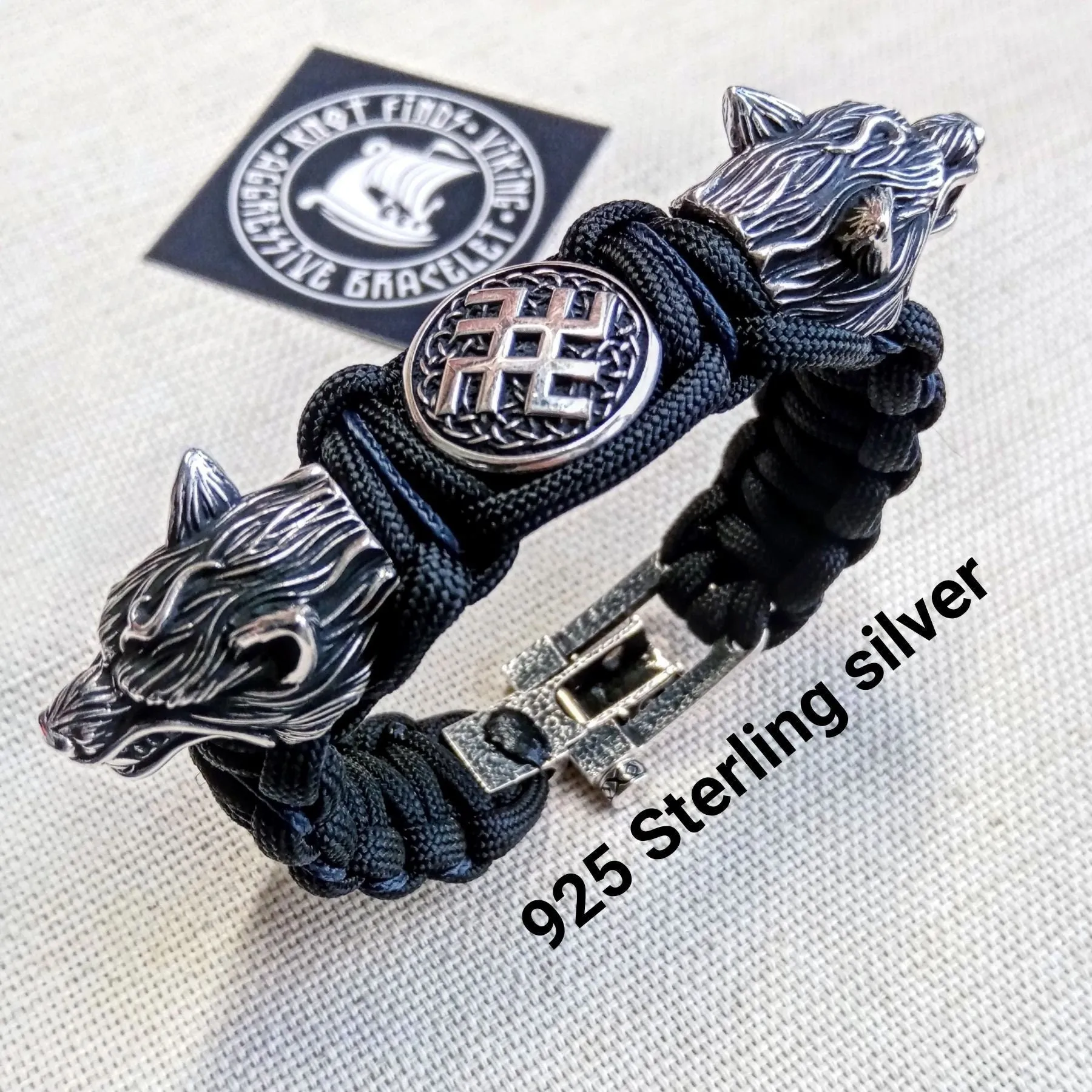 Viking jewelry. 925 Sterling silver and paracord bracelet. Mens luxury style.
