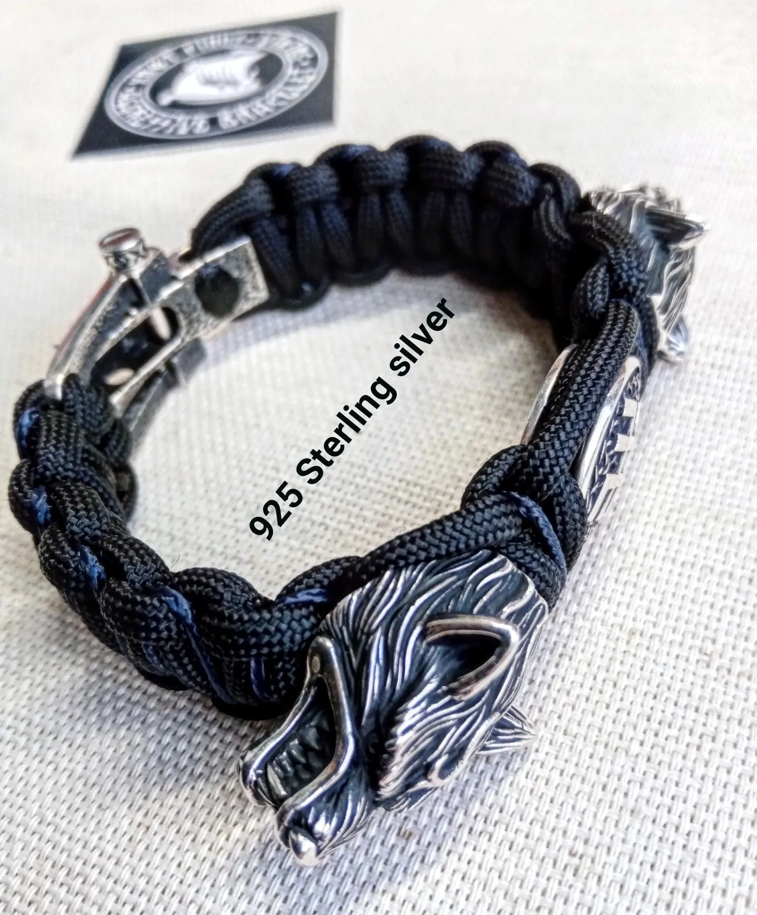 Viking jewelry. 925 Sterling silver and paracord bracelet. Mens luxury style.