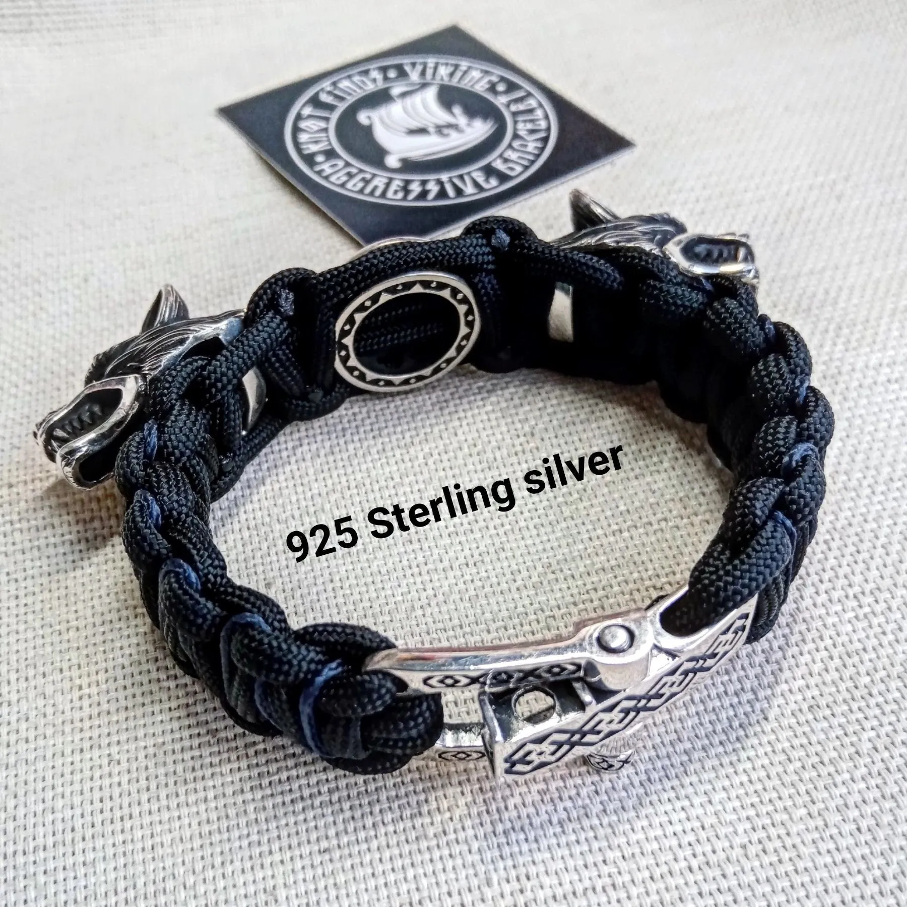 Viking jewelry. 925 Sterling silver and paracord bracelet. Mens luxury style.