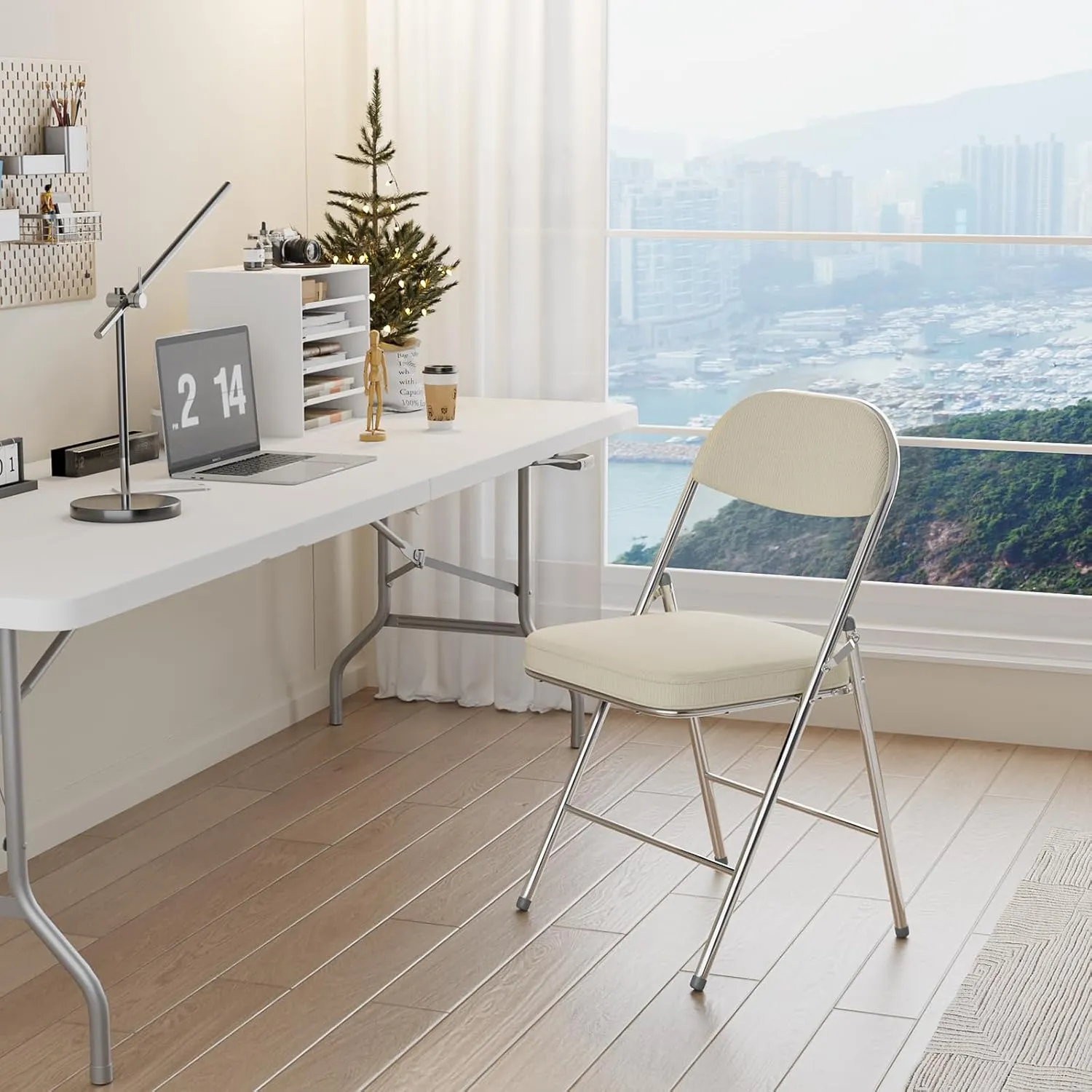 VINGLI Folding Chairs with Padded Seat & Backrest, Metal Frame, Durable Corduroy Fabric, 350 lbs Capacity, Set of 6, Off-White – Ideal for Weddings, Parties, Office Events