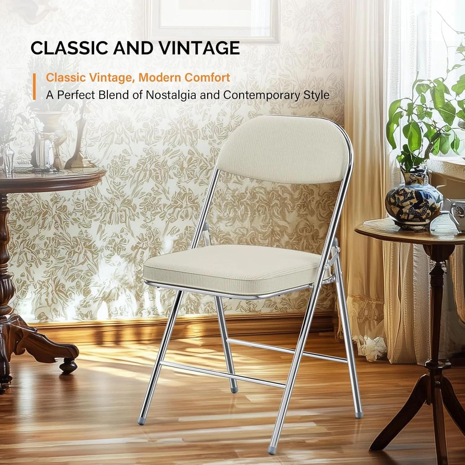 VINGLI Folding Chairs with Padded Seat & Backrest, Metal Frame, Durable Corduroy Fabric, 350 lbs Capacity, Set of 6, Off-White – Ideal for Weddings, Parties, Office Events