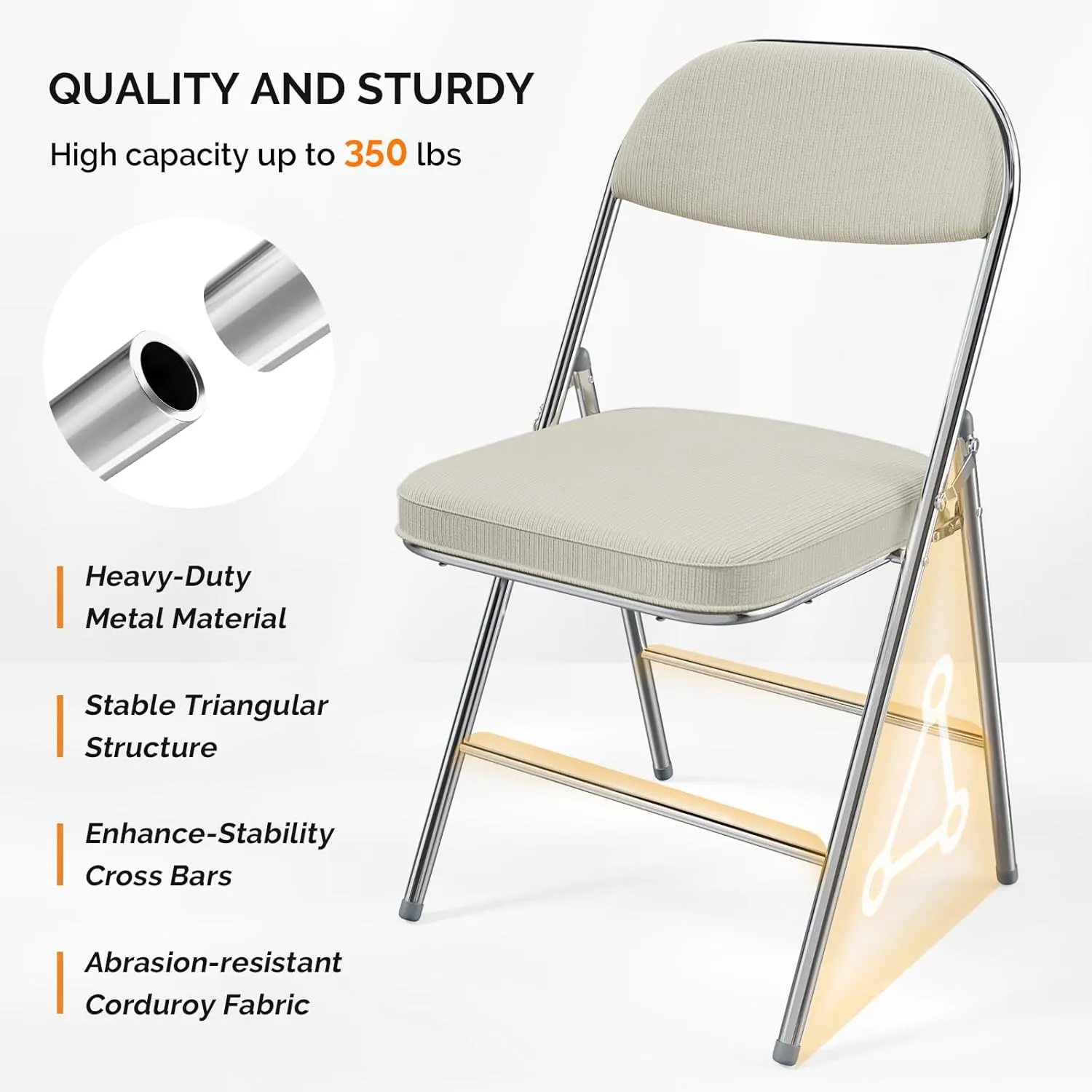 VINGLI Folding Chairs with Padded Seat & Backrest, Metal Frame, Durable Corduroy Fabric, 350 lbs Capacity, Set of 6, Off-White – Ideal for Weddings, Parties, Office Events