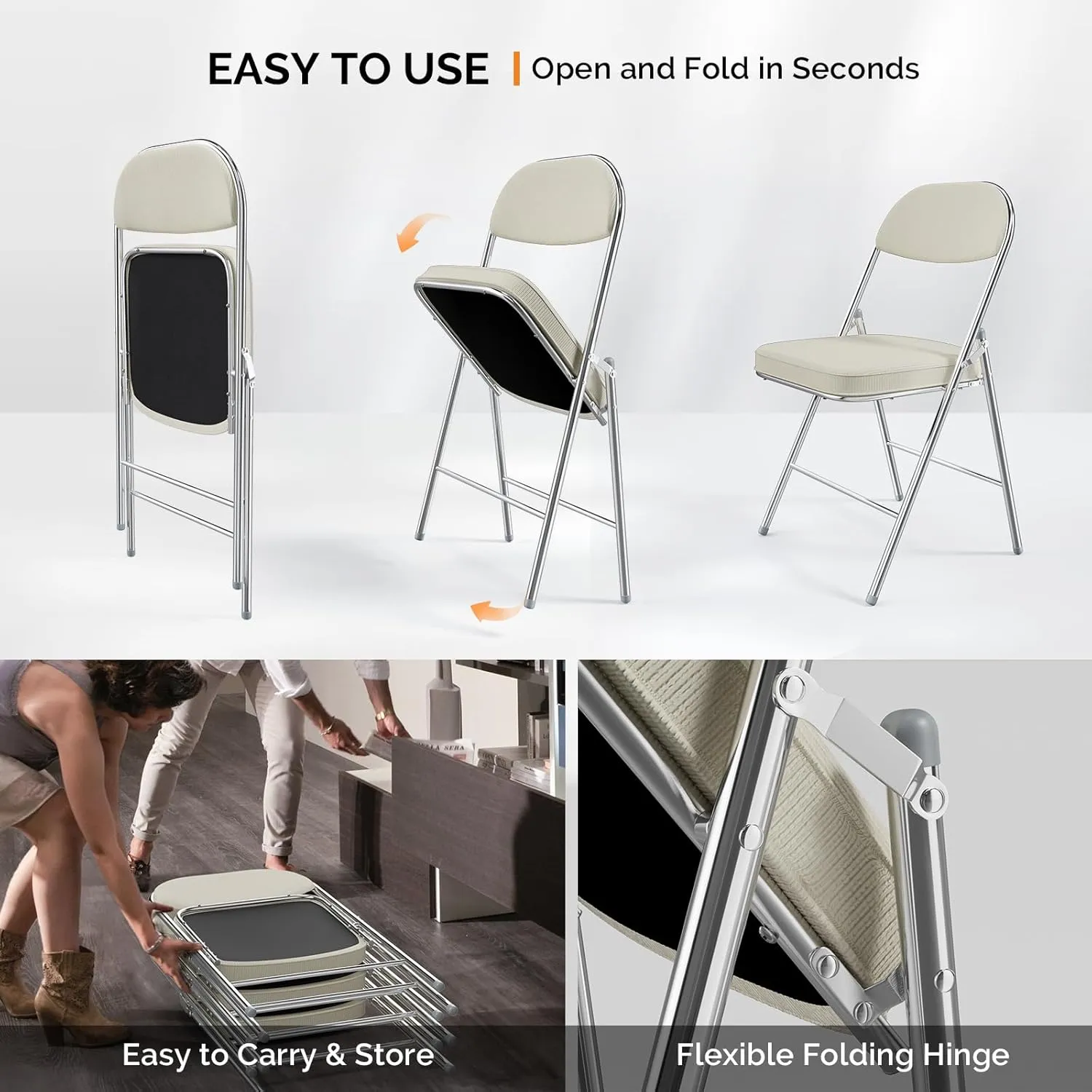 VINGLI Folding Chairs with Padded Seat & Backrest, Metal Frame, Durable Corduroy Fabric, 350 lbs Capacity, Set of 6, Off-White – Ideal for Weddings, Parties, Office Events