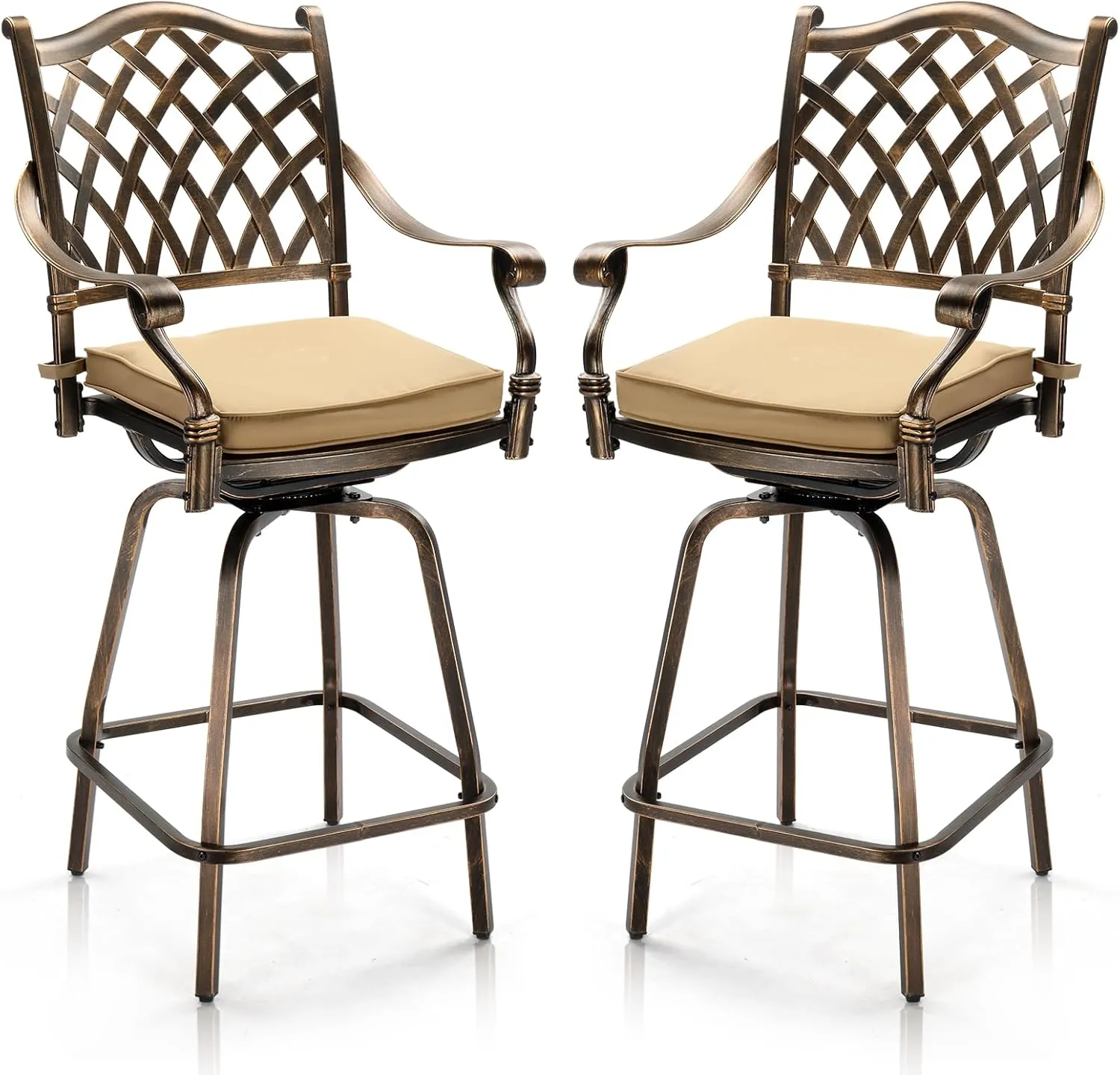 VINGLI Outdoor Swivel Bar Stools Set of 2, Cast Aluminum All-Weather Patio Bar Height Chairs, Patio Bar Dining Chairs Outdoor Swivel Patio Furniture (Grid Back)