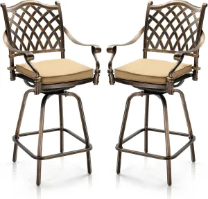 VINGLI Outdoor Swivel Bar Stools Set of 2, Cast Aluminum All-Weather Patio Bar Height Chairs, Patio Bar Dining Chairs Outdoor Swivel Patio Furniture (Grid Back)