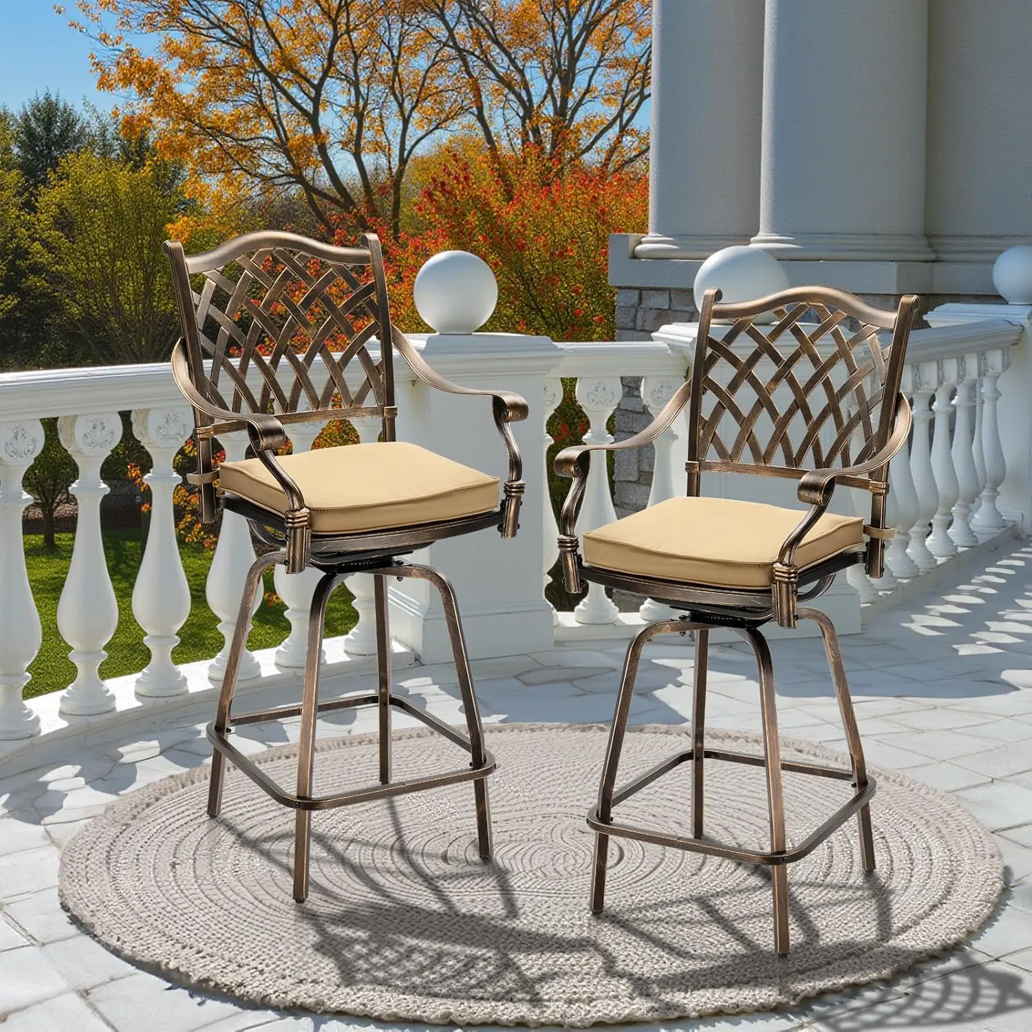 VINGLI Outdoor Swivel Bar Stools Set of 2, Cast Aluminum All-Weather Patio Bar Height Chairs, Patio Bar Dining Chairs Outdoor Swivel Patio Furniture (Grid Back)