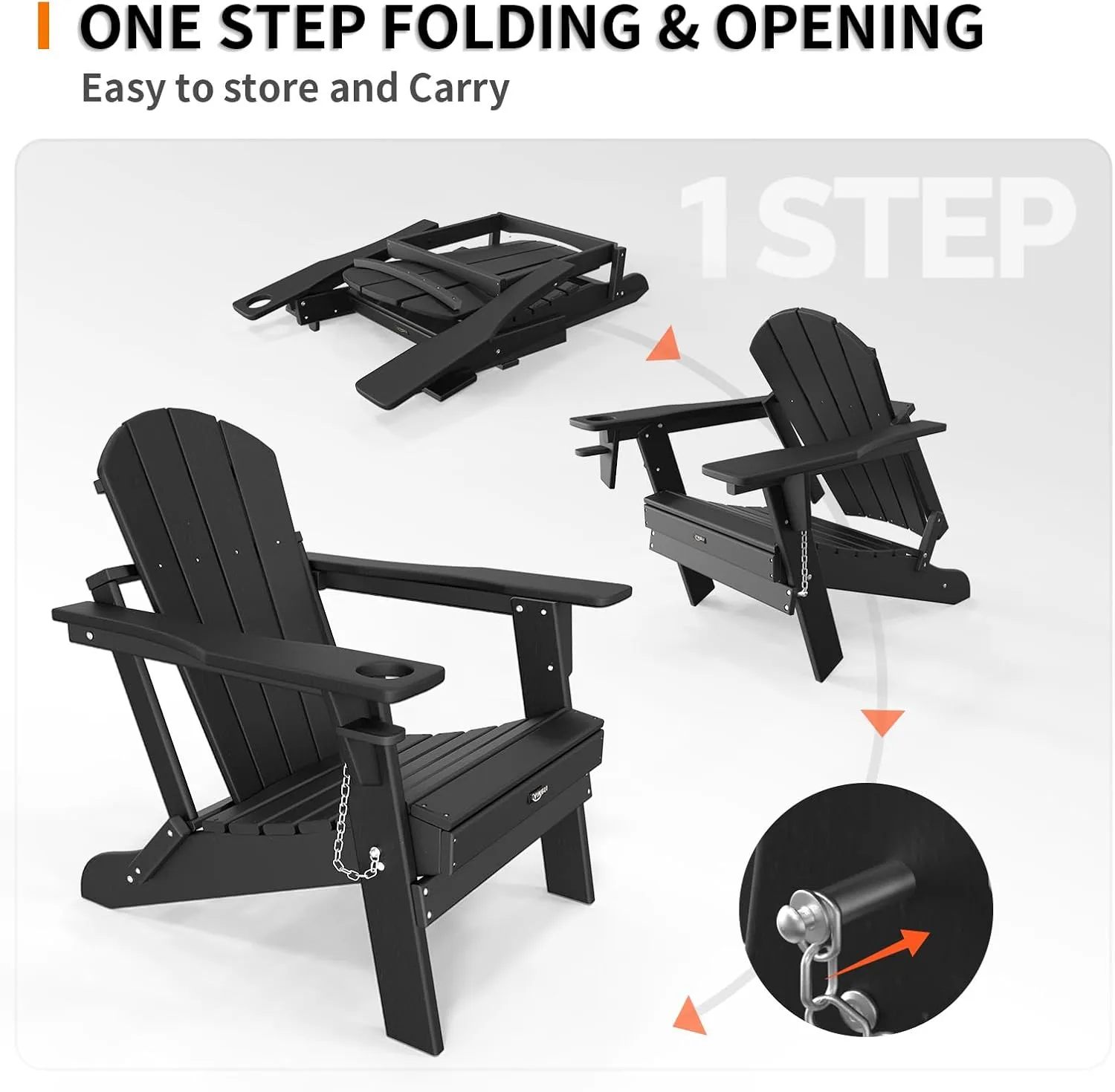 VINGLI Plastic Adirondack Chairs, Folding with Cup Holder, Waterproof HDPE Material, Comfortable 380lb Weight Capacity for Outdoor Pool Patio Lounge Chair Lawn Furniture Firepit (Black)