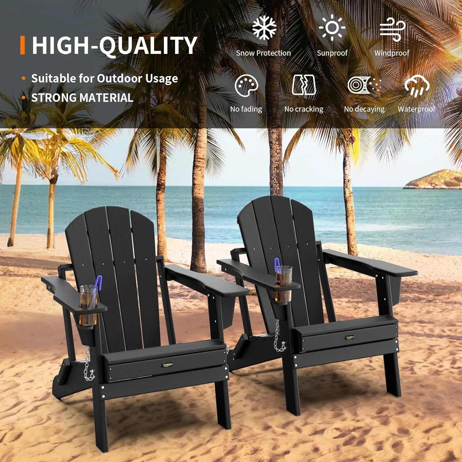VINGLI Plastic Adirondack Chairs, Folding with Cup Holder, Waterproof HDPE Material, Comfortable 380lb Weight Capacity for Outdoor Pool Patio Lounge Chair Lawn Furniture Firepit (Black)
