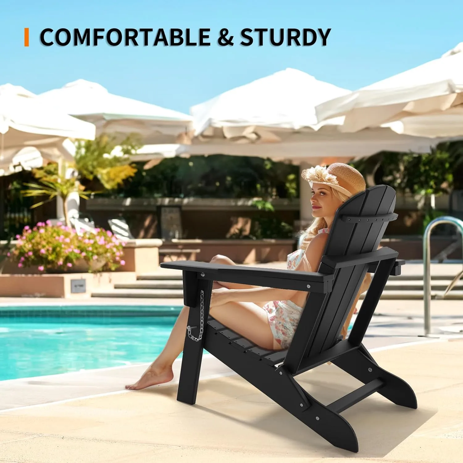 VINGLI Plastic Adirondack Chairs, Folding with Cup Holder, Waterproof HDPE Material, Comfortable 380lb Weight Capacity for Outdoor Pool Patio Lounge Chair Lawn Furniture Firepit (Black)