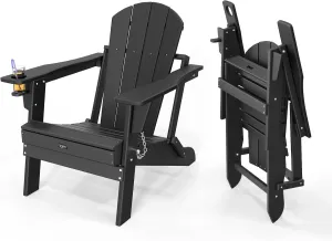 VINGLI Plastic Adirondack Chairs, Folding with Cup Holder, Waterproof HDPE Material, Comfortable 380lb Weight Capacity for Outdoor Pool Patio Lounge Chair Lawn Furniture Firepit (Black)