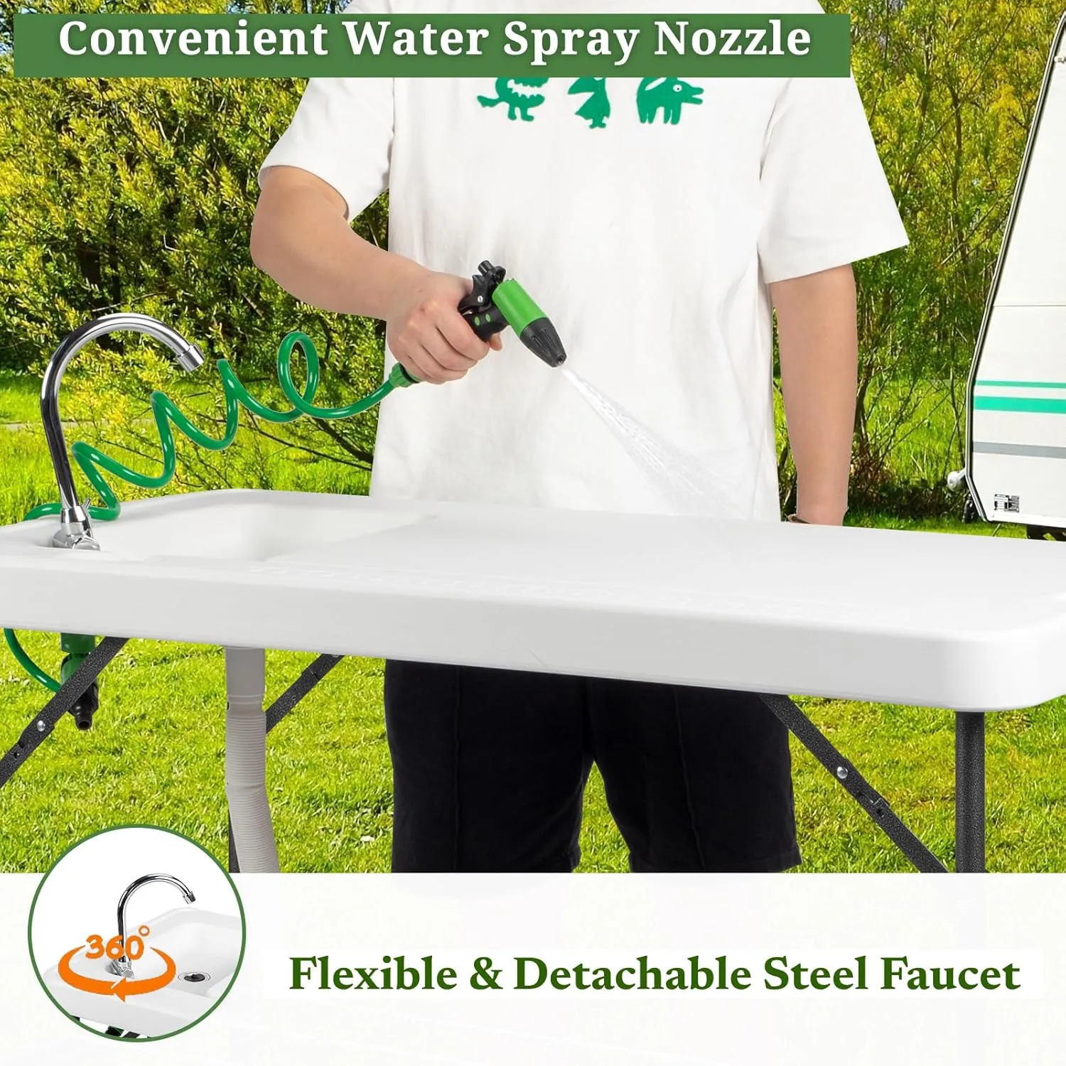 VINGLI Upgarded Folding Fish Cleaning Table with Sink, Portable Camping Sink Table with Grid Rack & Sprayer, Fish Fillet Cutting Table with Drainage Hose for Patio Backyard BBQ…