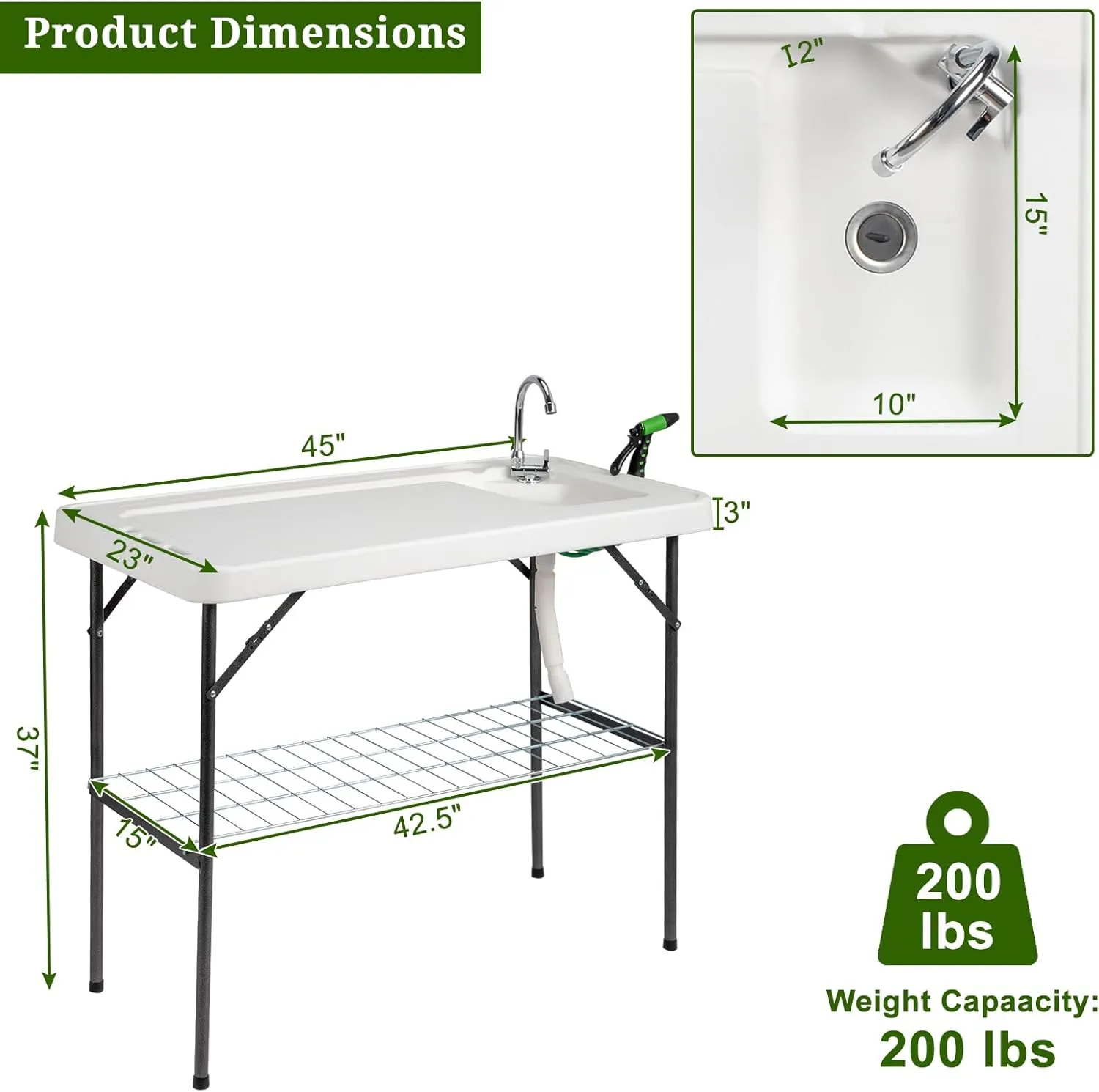 VINGLI Upgarded Folding Fish Cleaning Table with Sink, Portable Camping Sink Table with Grid Rack & Sprayer, Fish Fillet Cutting Table with Drainage Hose for Patio Backyard BBQ…