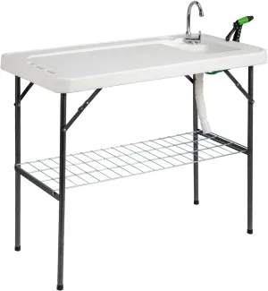 VINGLI Upgarded Folding Fish Cleaning Table with Sink, Portable Camping Sink Table with Grid Rack & Sprayer, Fish Fillet Cutting Table with Drainage Hose for Patio Backyard BBQ…