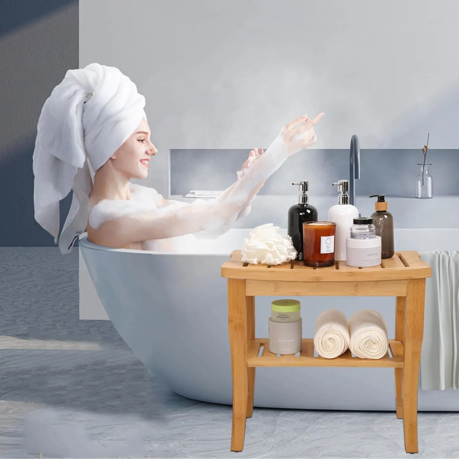 VVW 19 Inch 2-Tier Bamboo Shower Bench Bathroom Bench Seat with Storage Shelf, 2-Tier Wooden Spa Seat Bath Stool for Adults Women Elderly Seniors Wood Shower Chair for Bathtub or Small Spaces(Beige)