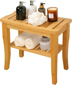 VVW 19 Inch 2-Tier Bamboo Shower Bench Bathroom Bench Seat with Storage Shelf, 2-Tier Wooden Spa Seat Bath Stool for Adults Women Elderly Seniors Wood Shower Chair for Bathtub or Small Spaces(Beige)