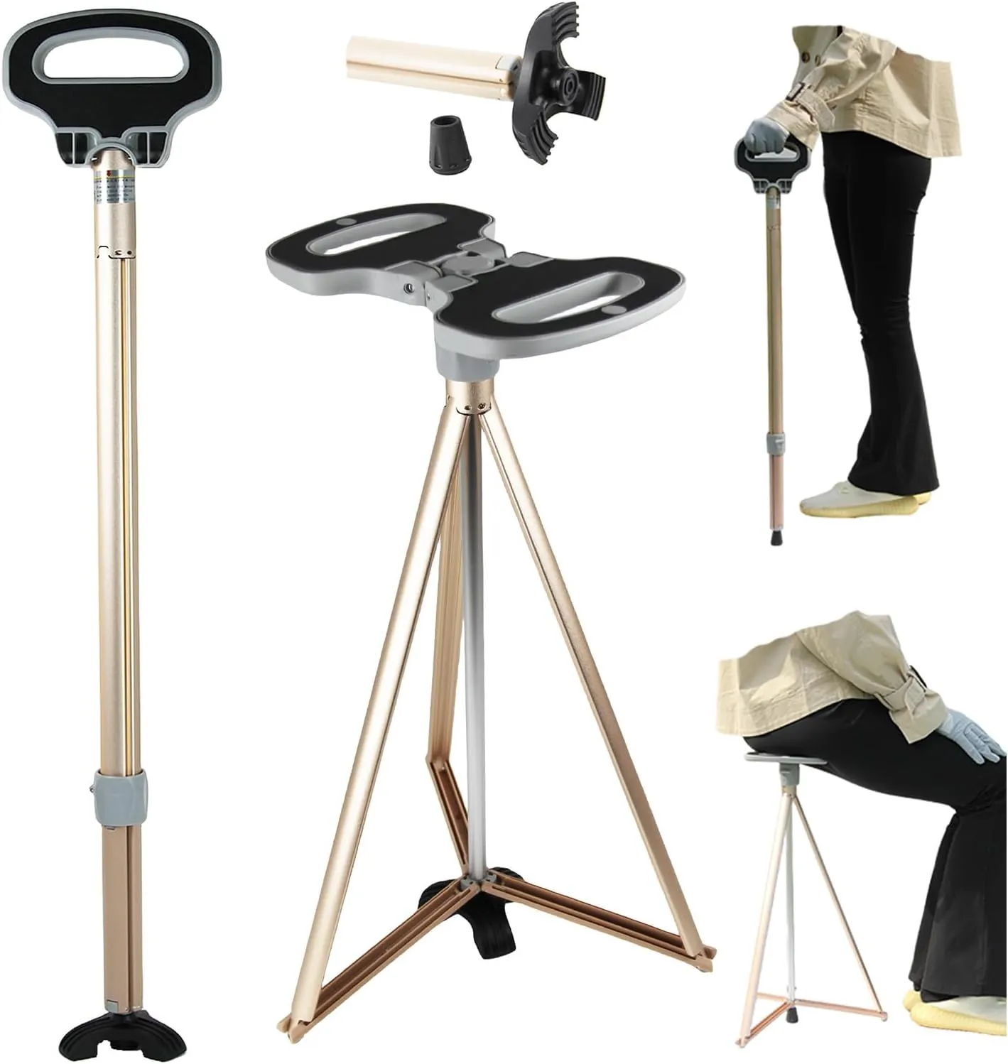 Walking Cane with Seat for Men & Women,Portable Cane Seat with Carry Bag,Lightweight Anti-Slip Walking Stick for Seniors & Adults,Foldable Adjustable Cane Chair for Travel Hiking