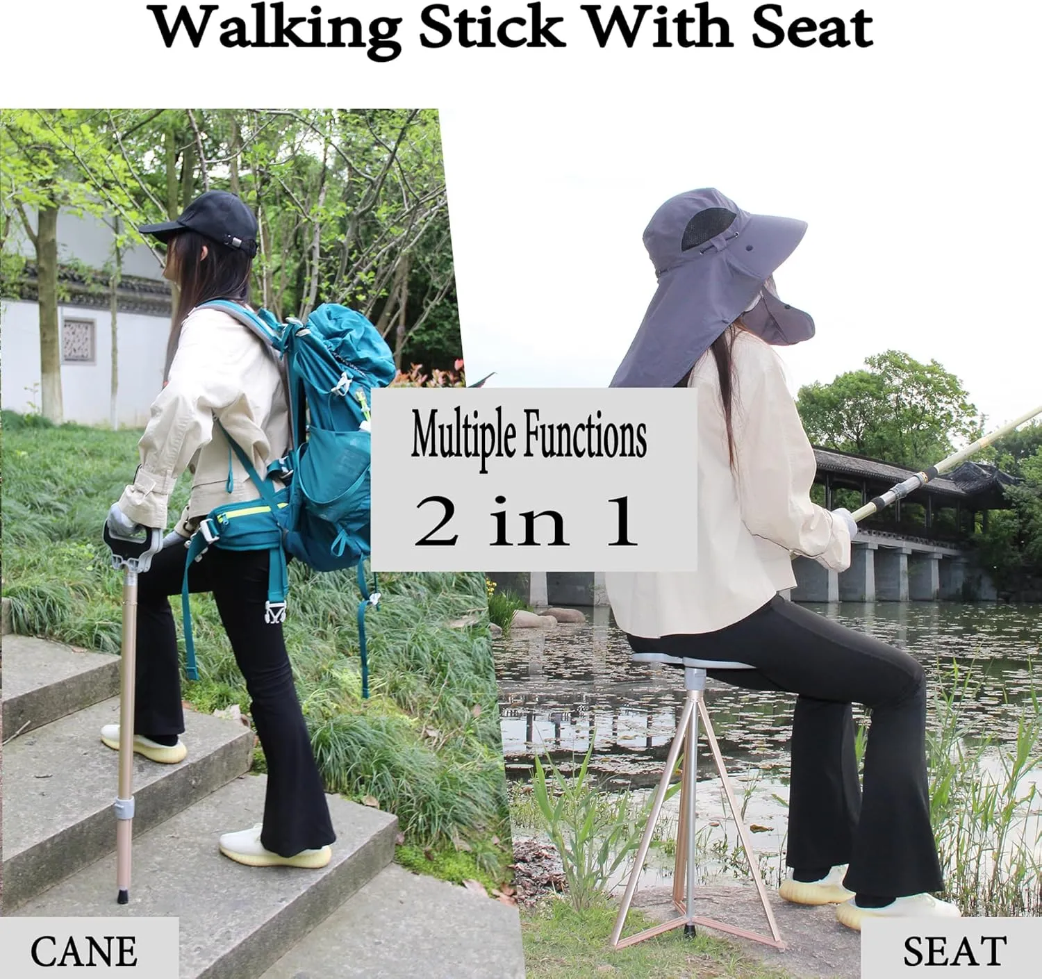 Walking Cane with Seat for Men & Women,Portable Cane Seat with Carry Bag,Lightweight Anti-Slip Walking Stick for Seniors & Adults,Foldable Adjustable Cane Chair for Travel Hiking