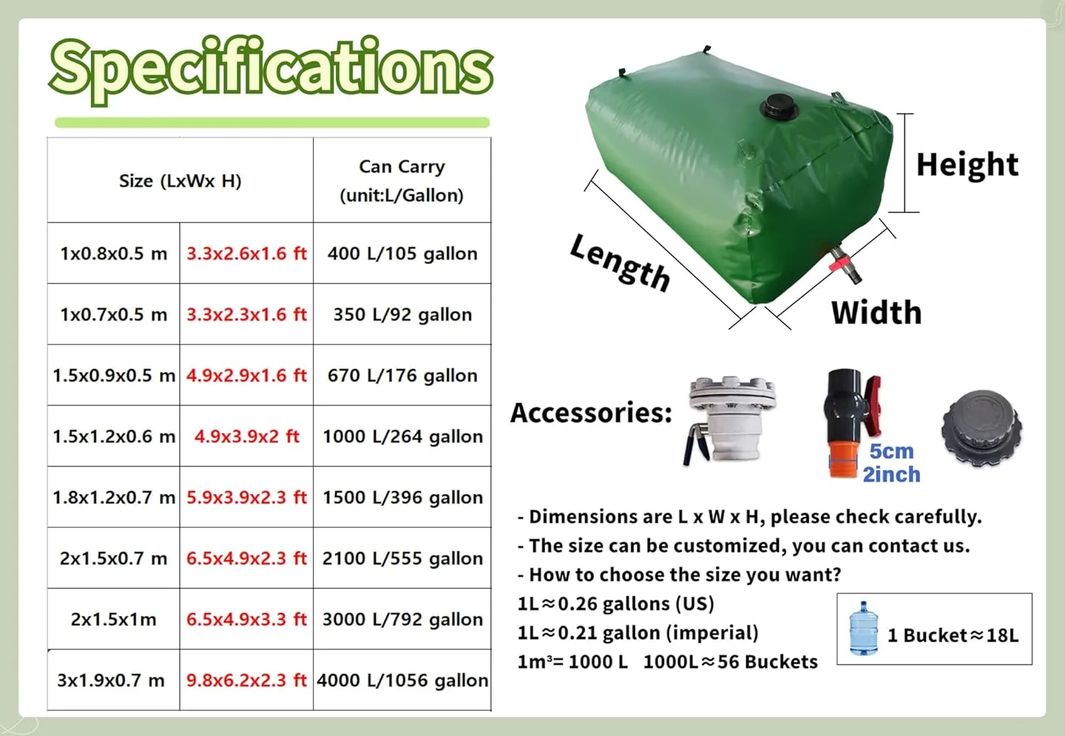 Water Bladder Tank，50-2000 Gallon Portable Agricultural Emergency Large Capacity Collapsible Water Container,(3x2x0.85m/5100L/1347Gallon)