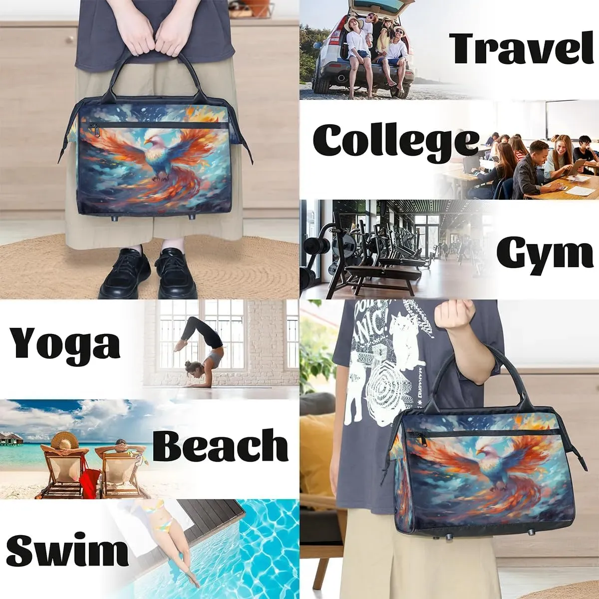 Watercolor Fire Phoenix Travel Duffle Bag, Waterproof Duffel Bag Weekender Overnight Carry On Bag Lightweight Sport Gym Bag for Men Women