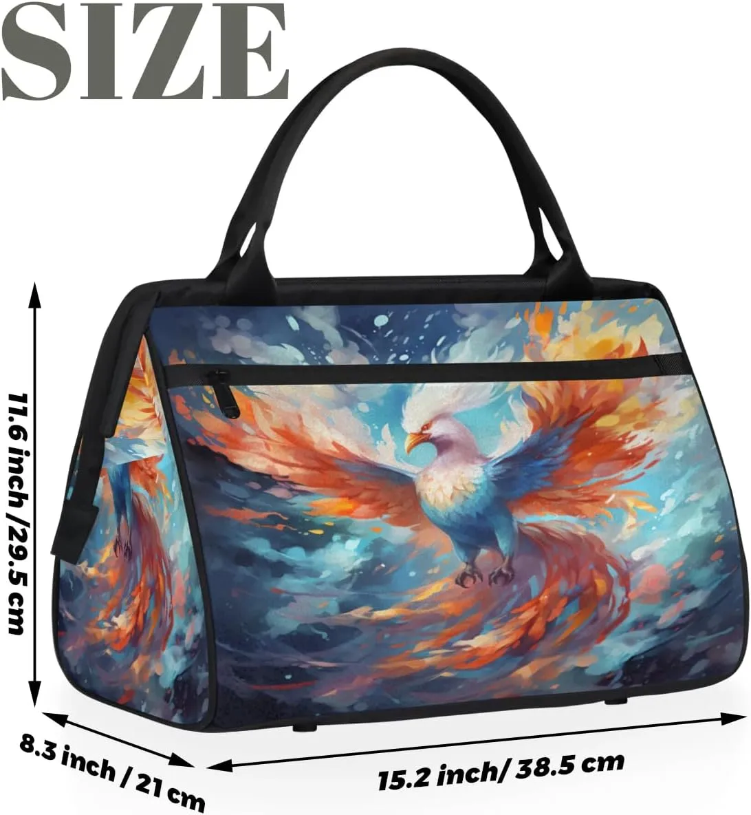 Watercolor Fire Phoenix Travel Duffle Bag, Waterproof Duffel Bag Weekender Overnight Carry On Bag Lightweight Sport Gym Bag for Men Women