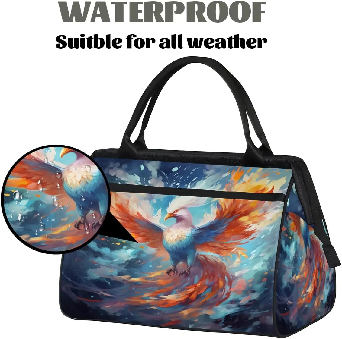 Watercolor Fire Phoenix Travel Duffle Bag, Waterproof Duffel Bag Weekender Overnight Carry On Bag Lightweight Sport Gym Bag for Men Women