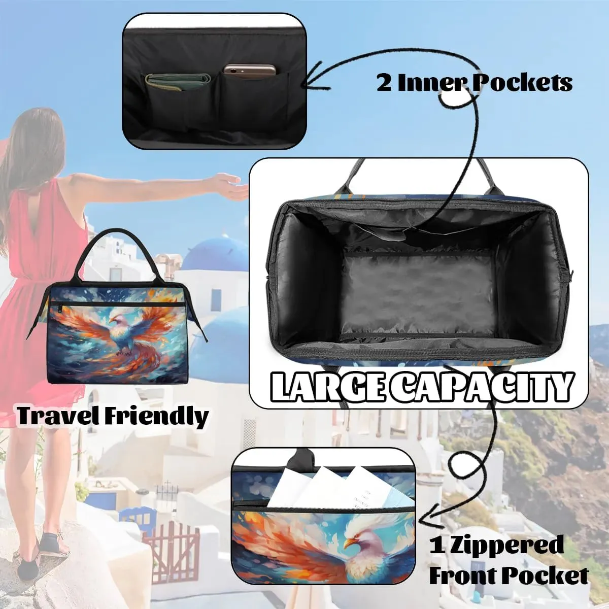 Watercolor Fire Phoenix Travel Duffle Bag, Waterproof Duffel Bag Weekender Overnight Carry On Bag Lightweight Sport Gym Bag for Men Women